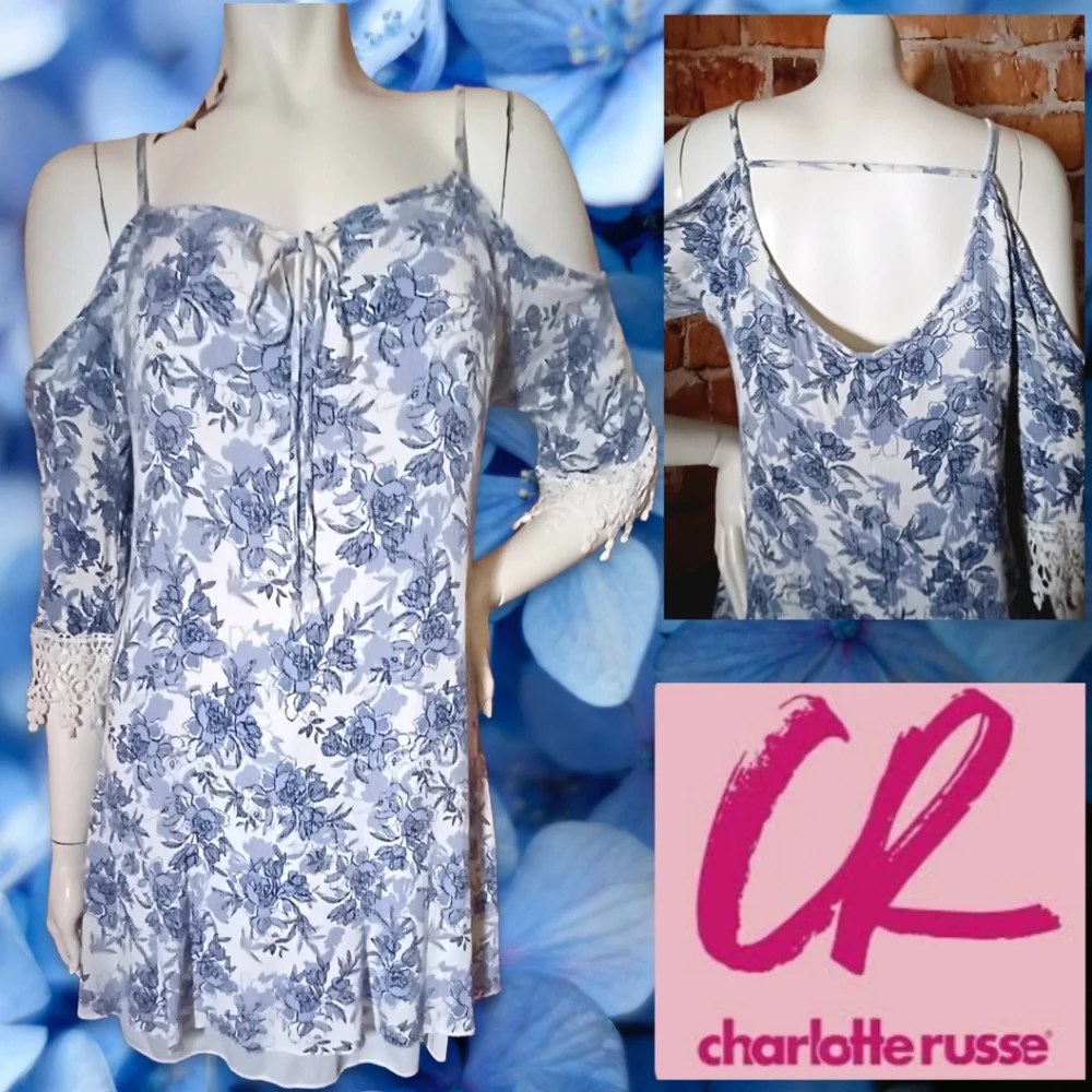 Mini Dress or Tunic Cold Shoulder Open Back Crochet Cottagecore Floral M Lg - Picture 1 of 7
